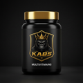 KABS Multivitamins premium black and gold supplement tub with crowned gorilla shield logo