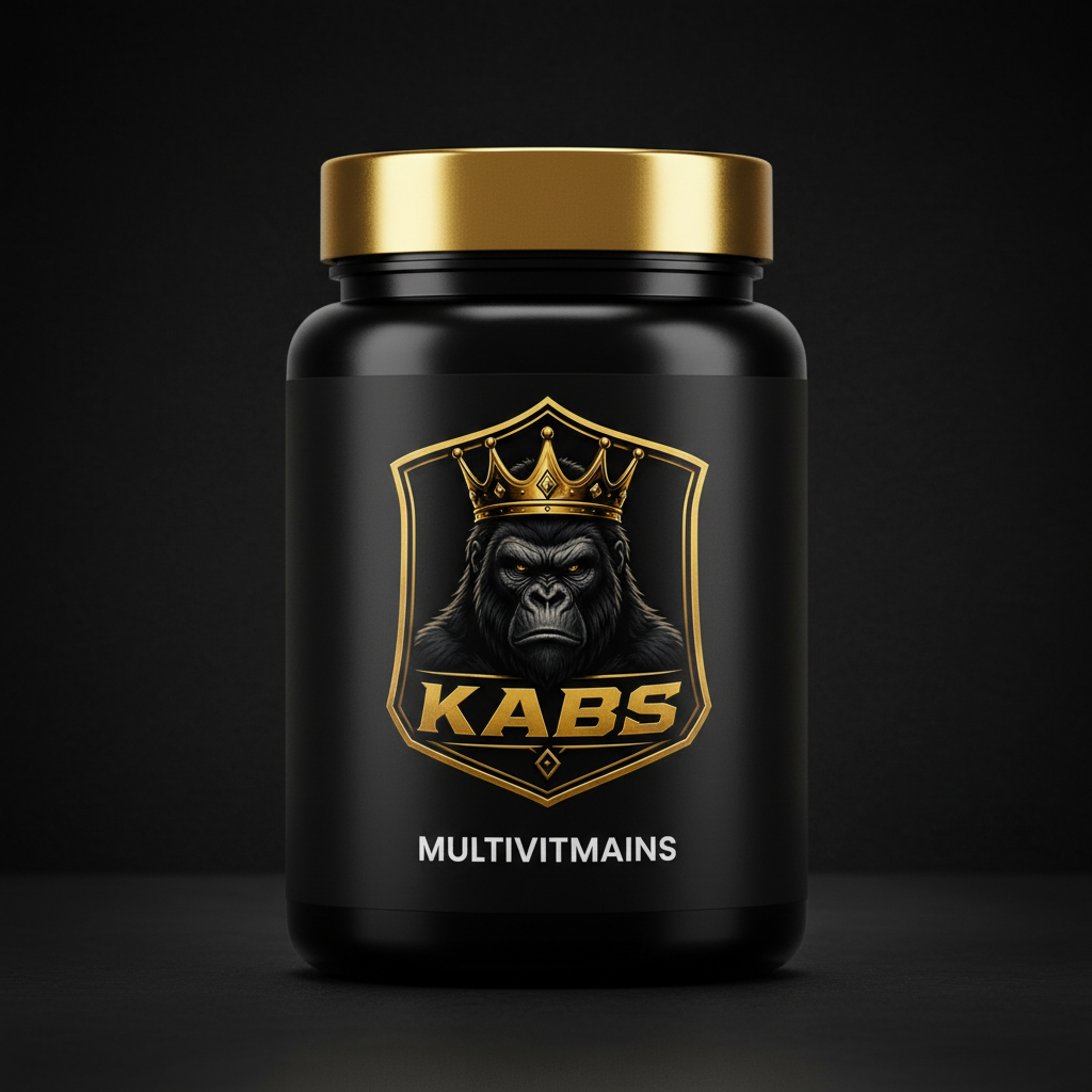 KABS Multivitamins premium black and gold supplement tub with crowned gorilla shield logo